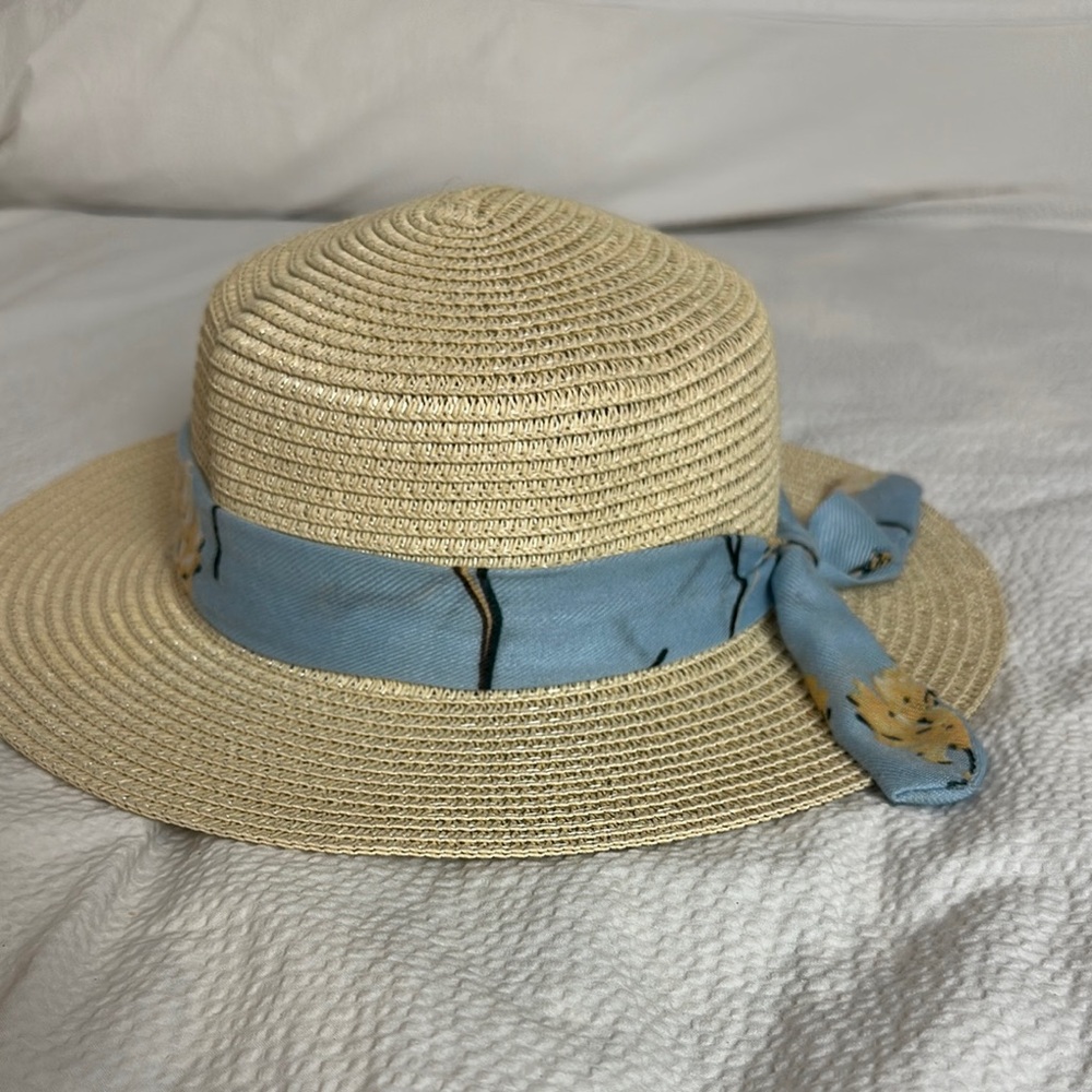 Alexis Bendel Elegant Tan Straw Hat with Blue Ribbon